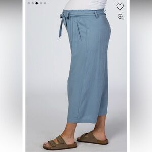 Blue linen waist tie crop wide leg maternity pants